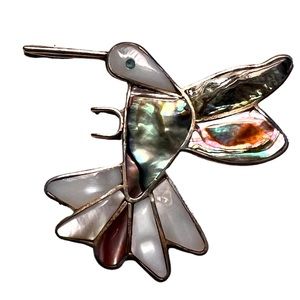 Alpaca Mexico HUMMINGBIRD BROOCH with abalone overlay